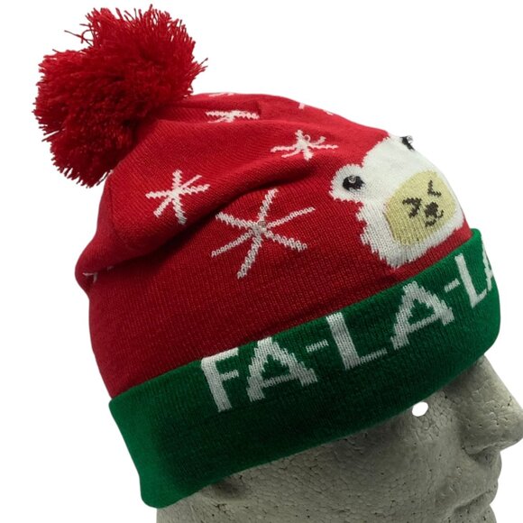 Christmas Pom Pom Beanie Hat LED Light Up Bear Fa-La-La Red Green Knit Adult OS - Picture 3 of 6